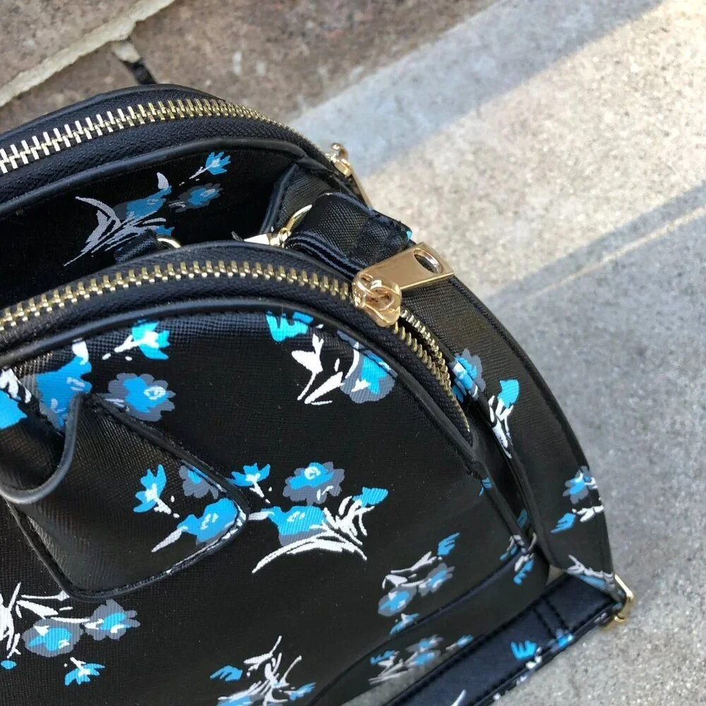 Faux Leather Purse Shoulder Top Handle Bowling Bag Black Floral 3 Compartment​​ - Picture 12 of 16